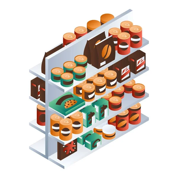 Lebensmittelregal im Supermarkt, isometrischer Stil — Stockvektor