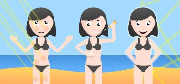 Kobieta beach sun krem efekt koncepcja transparent, stylu cartoon — Wektor stockowy