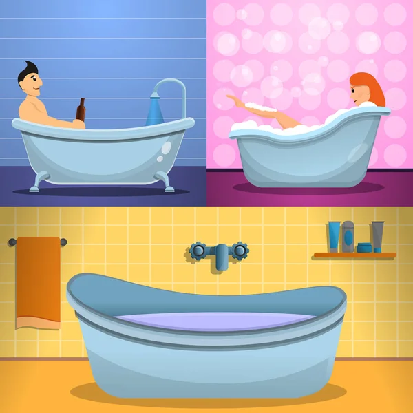 淋浴浴缸横幅设置, 卡通风格 — 图库矢量图片