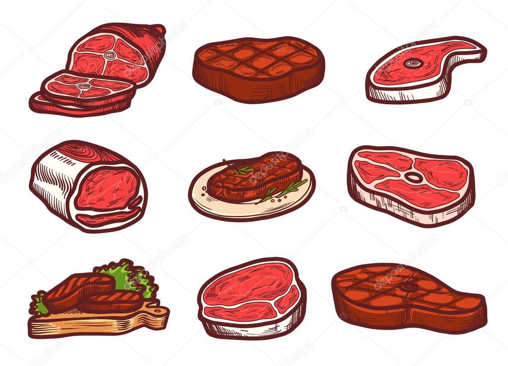 Steak icon set, hand drawn style