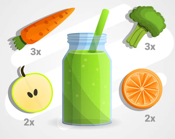 Vegan green smoothie concept background, cartoon style — Stock Vector