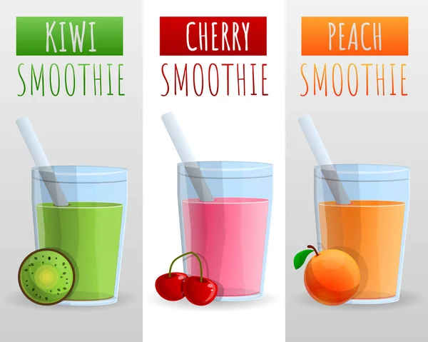 Kiwi, cherry, peach smoothie concept background, cartoon style — Stock Vector