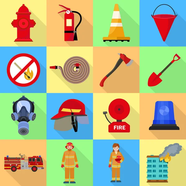 Fire fighter icon set, flat style — Stock Vector