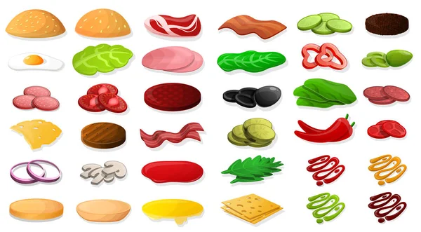 Hamburger element voedsel pictogrammenset, cartoon stijl — Stockvector