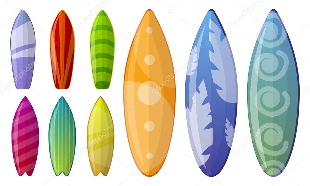 Surfboard icon set, cartoon style