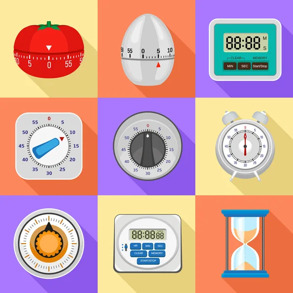 キッチン タイマーのアイコン セット、フラット スタイル — ストックベクタ