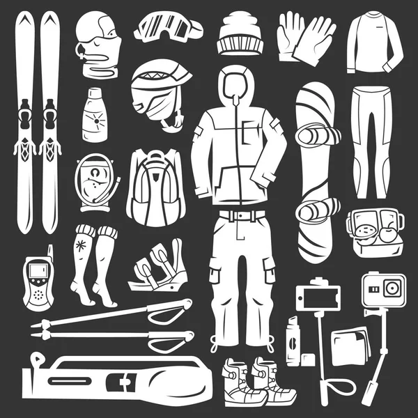 Snowboardausrüstung Icon Set, einfacher Stil — Stockvektor
