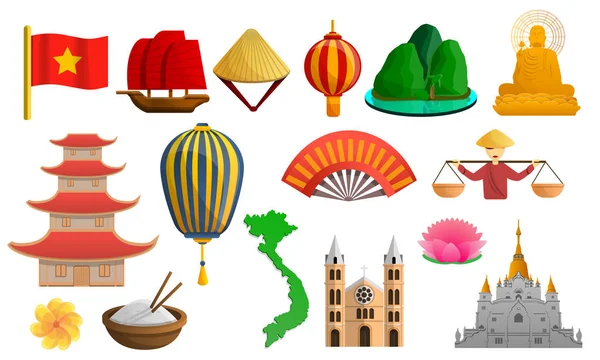 Set ikon Vietnam, gaya kartun - Stok Vektor