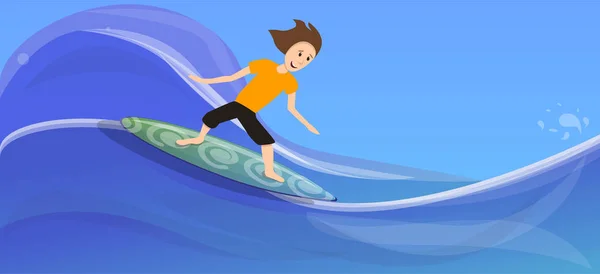 Boy surfing on wave concept banner, cartoon style