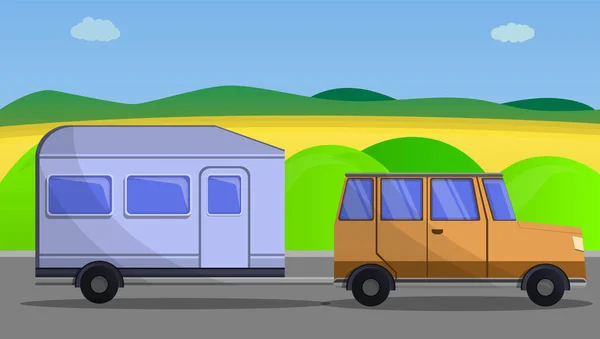 Camp car trailer concept banner, cartoon style