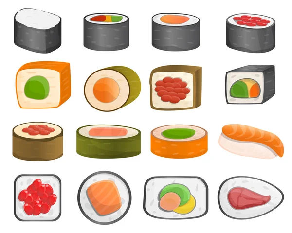 Set ikon gulung Sushi, gaya kartun - Stok Vektor