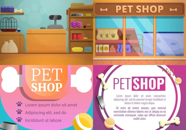 Pet loja banner set, estilo dos desenhos animados —  Vetores de Stock