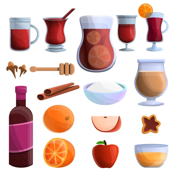 Conjunto de ícones de vinho amontoado, estilo cartoon — Vetor de Stock