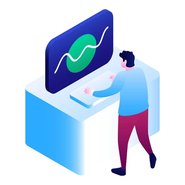 Man at futuristic computer icon, isometric style — Stock vektor