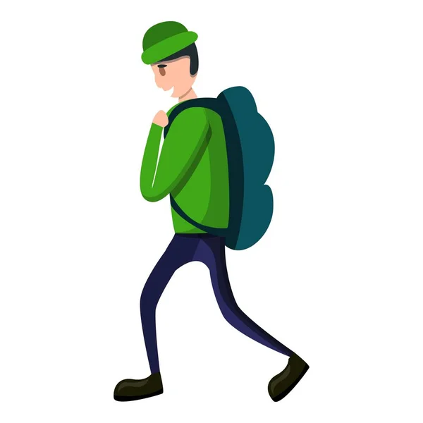 Hombre de turismo icono de la mochila, estilo de dibujos animados — Vector de stock