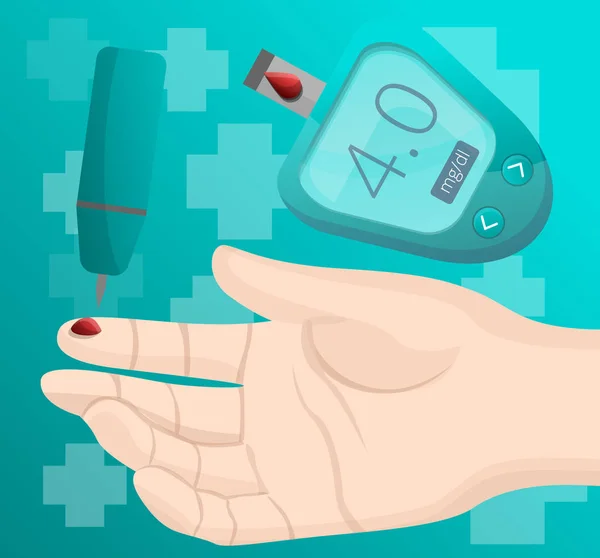 Glucose meter nemen bloed vinger concept achtergrond, cartoon stijl — Stockvector