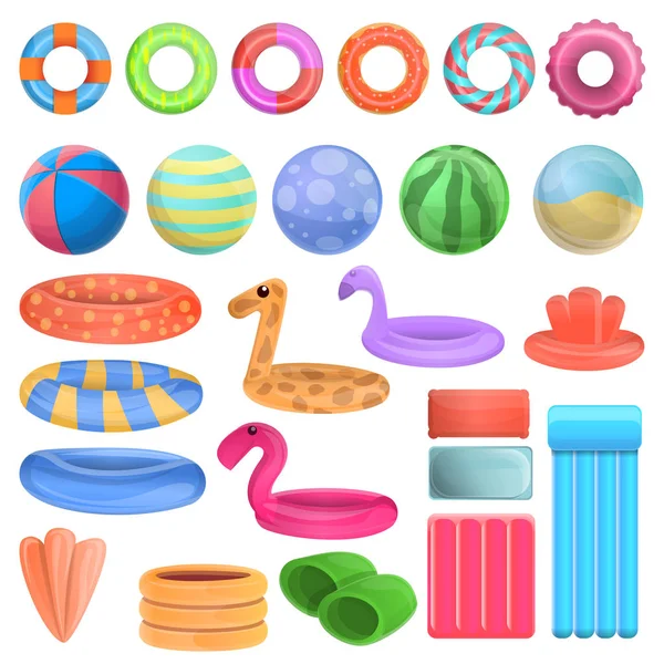 Set di icone per attrezzature da piscina, stile cartone animato — Vettoriale Stock