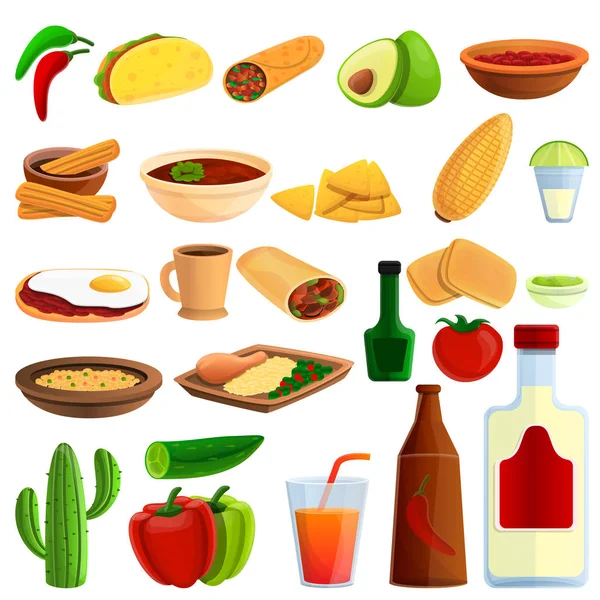 Conjunto de iconos de comida mexicana, estilo de dibujos animados — Archivo Imágenes Vectoriales