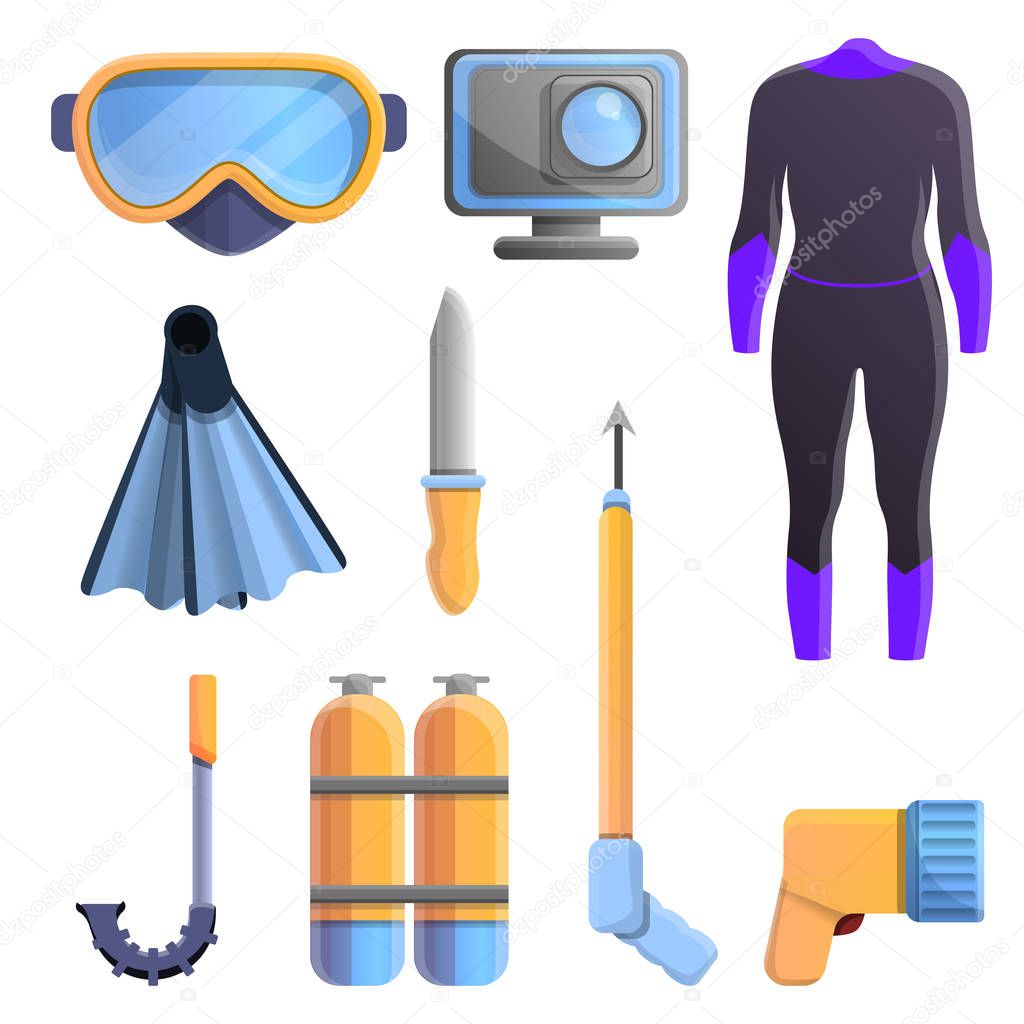 Snorkeling equipment icons set, cartoon style