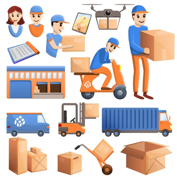 Set di icone di consegna pacchi, stile cartone animato — Vettoriale Stock