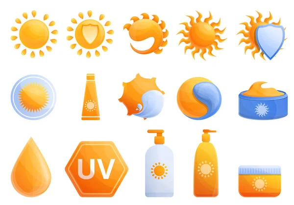 Cosmetic sun icons set, cartoon style — Stock Vector