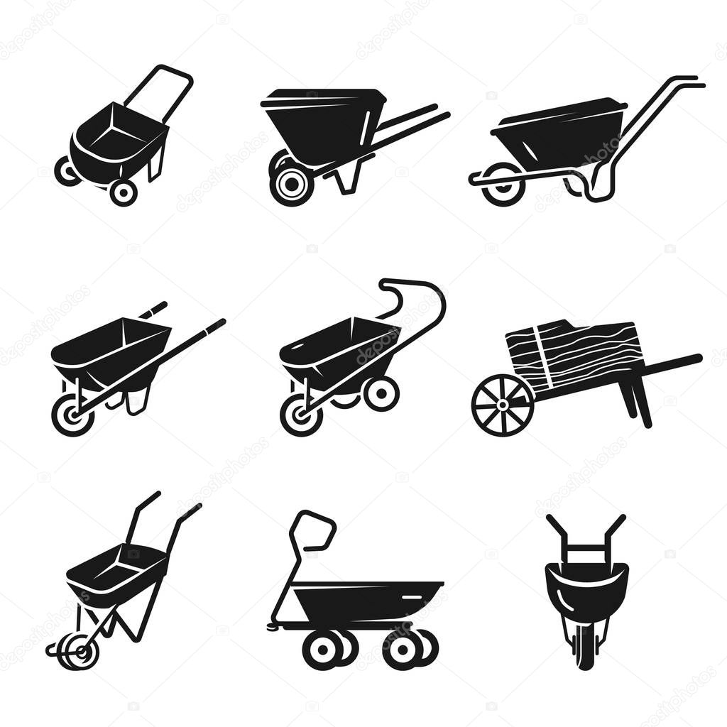 Wheelbarrow icons set, simple style