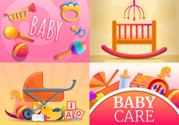Cuidados itens do bebê banner set, estilo dos desenhos animados — Vetor de Stock