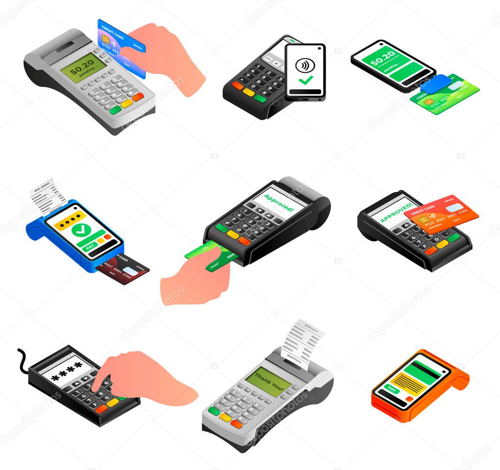 Bank terminal icons set, isometric style