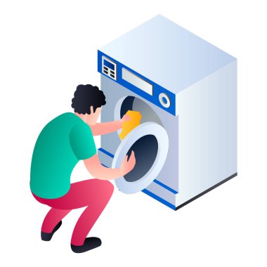 Adam almak giysi yıkama makinesi simgesini, izometrik stil