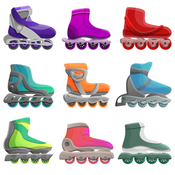 Ensemble d'icônes de patins à roues alignées, style dessin animé — Image vectorielle