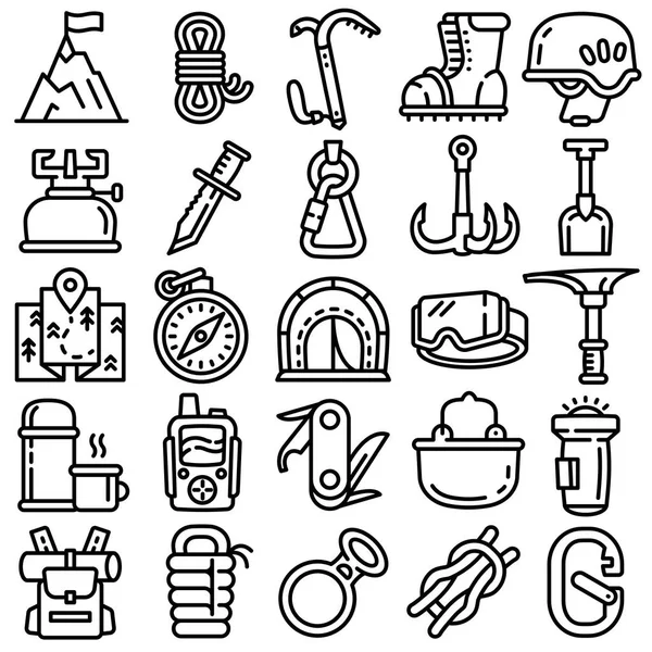 Bergbeklimmen apparatuur iconen set, Kaderstijl — Stockvector