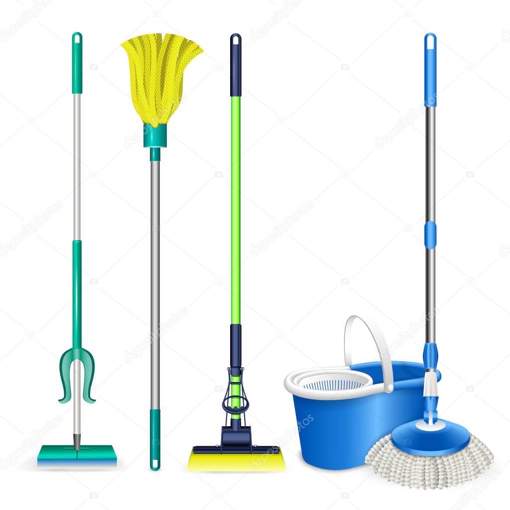 Mop icons set, realistic style