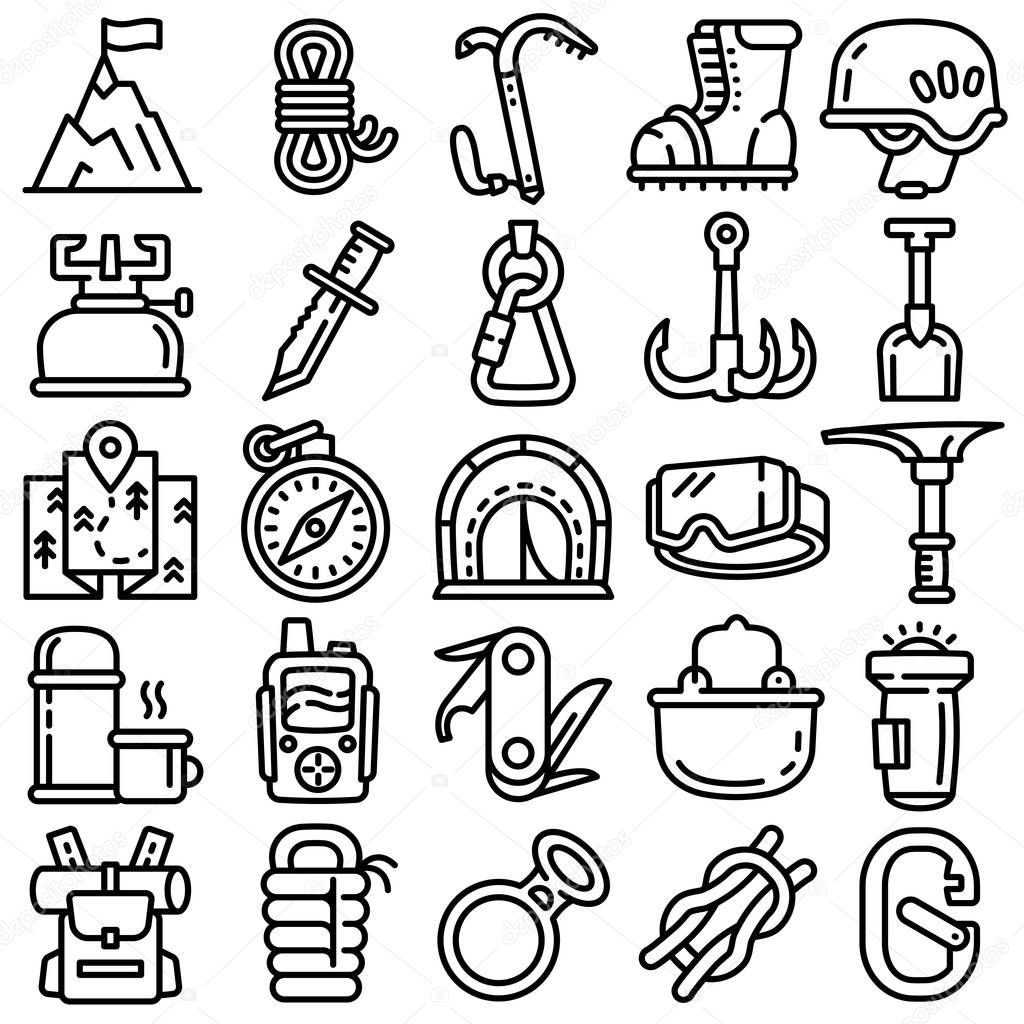 Mountaineering equipment icons set, outline style