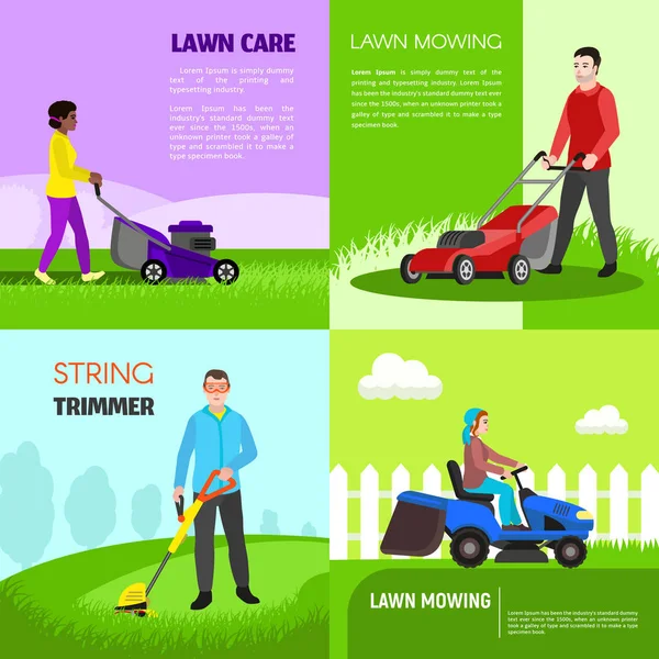Garden lawnmower banner set, flat style — Stock Vector