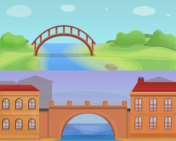 Pontes da cidade banner set, estilo dos desenhos animados —  Vetores de Stock