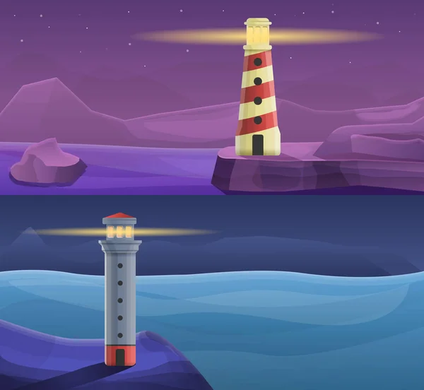 Leuchtturm Küste Banner Set, Cartoon-Stil — Stockvektor