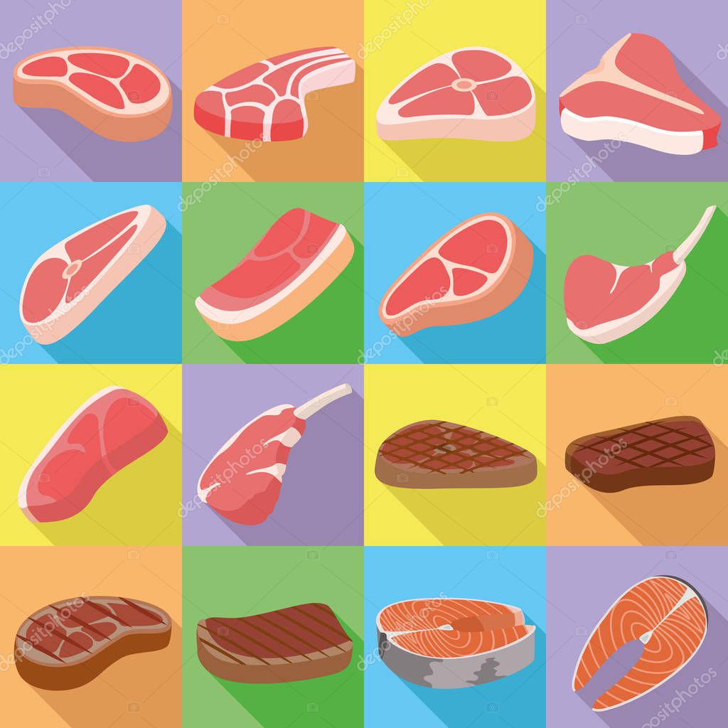 Steak icons set. Flat set of steak vector icons for web design