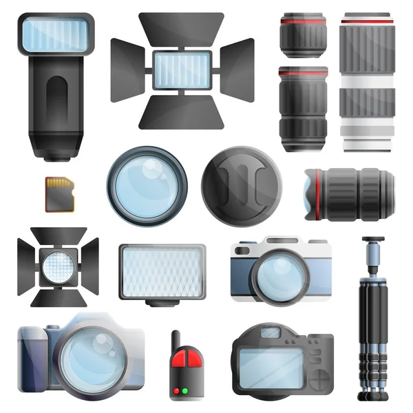 Conjunto de ícones de equipamentos de fotógrafo, estilo cartoon — Vetor de Stock