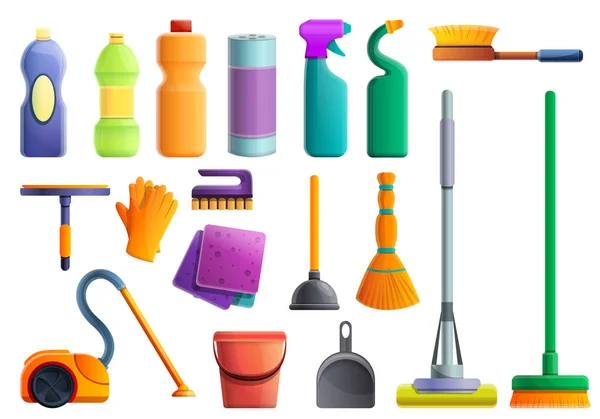Ensemble d'icônes d'équipement de nettoyage, style dessin animé — Image vectorielle