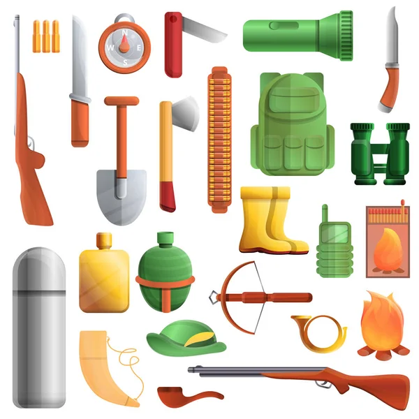 Hunting equipment icons set, cartoon style — Stock Vector