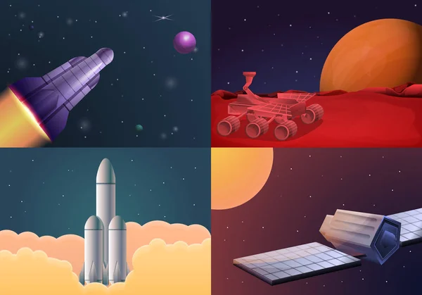 Conjunto de pancartas de tecnología de investigación espacial moderna, estilo de dibujos animados — Vector de stock