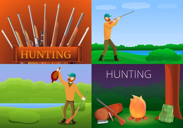 Modern hunting equipment banner set, cartoon style — Stock Vector