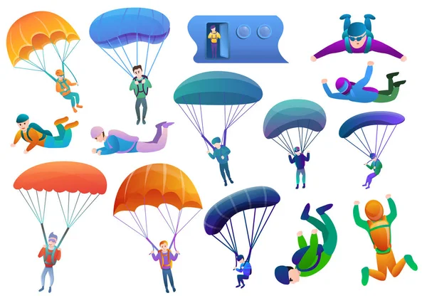 Skydivers ikonok készlet, rajzfilm stílusú — Stock Vector