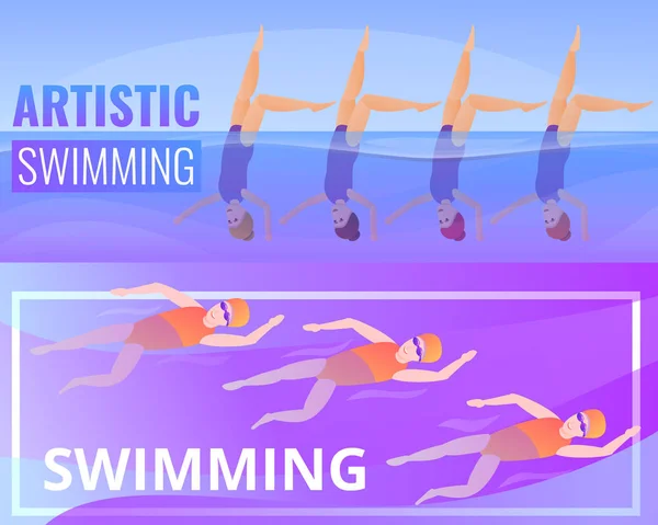 Set di banner artistici per il nuoto, stile cartone animato — Vettoriale Stock