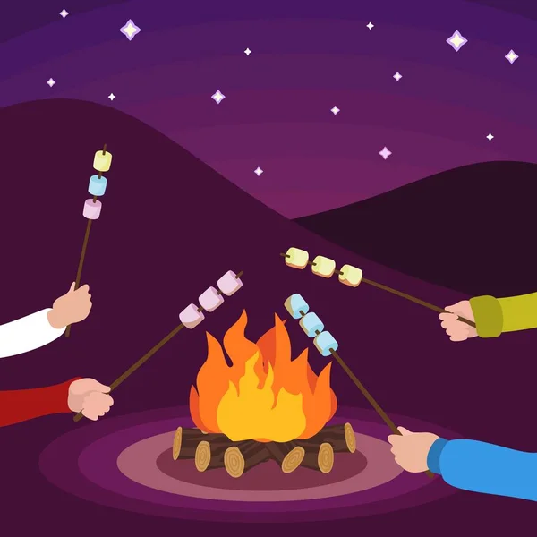 Gli amici fanno marshmallow su sfondo concetto di fuoco, stile piatto — Vettoriale Stock