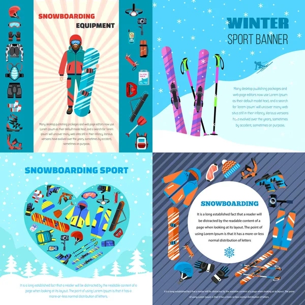 Winter snowboarding equipment banner set, flat style