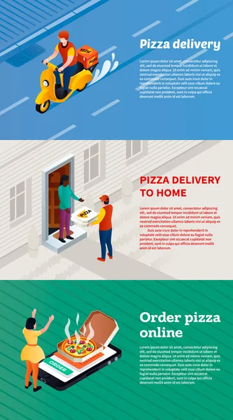 披萨送货横幅集, 等距风格 — 图库矢量图片