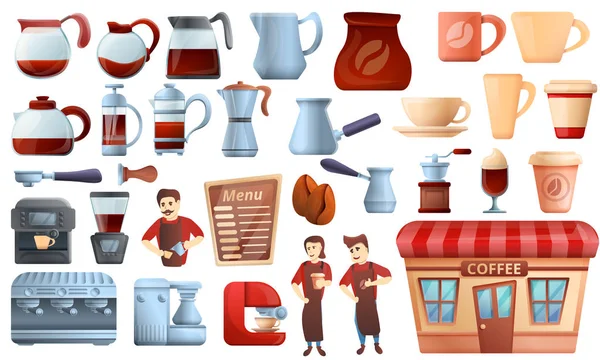 Set icone barista, stile cartone animato — Vettoriale Stock