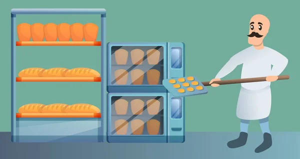Panettiere in panetteria fabbrica concetto banner, stile cartone animato — Vettoriale Stock