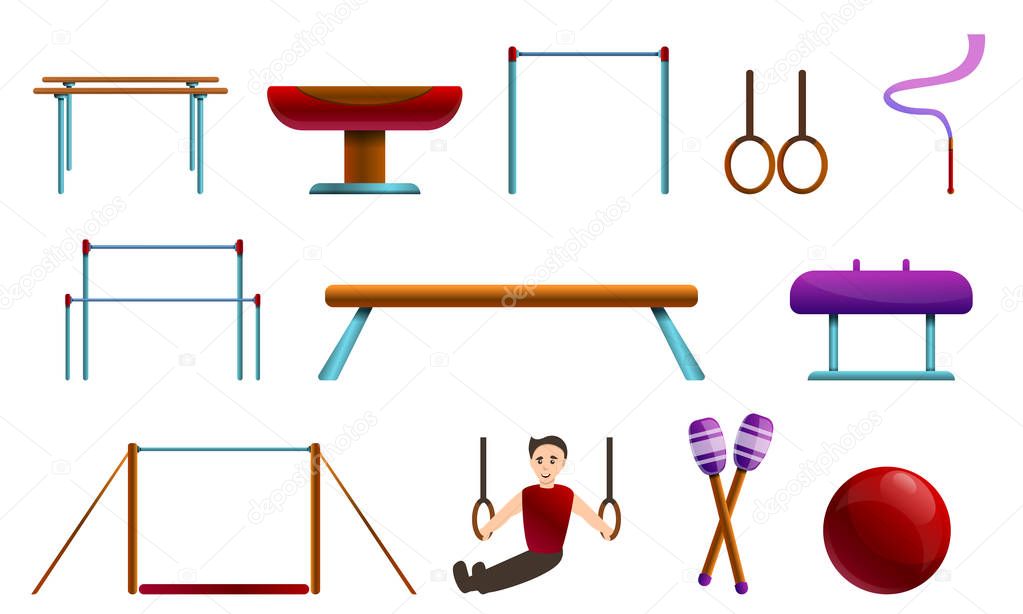 Gymnastics equipment icons set, cartoon style